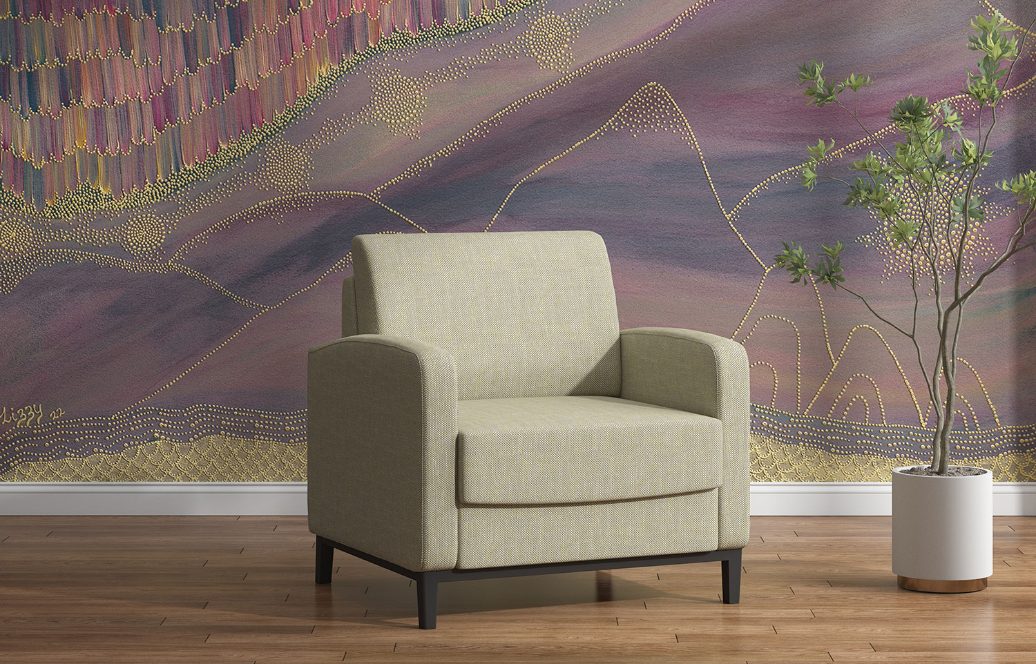 Armchair with indigenous wall mural in aged care facility