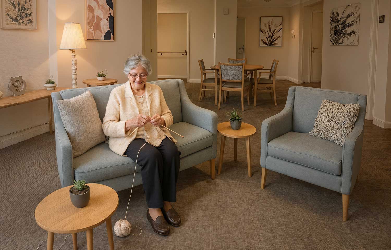 elderly woman sitting in aged care lounge room
