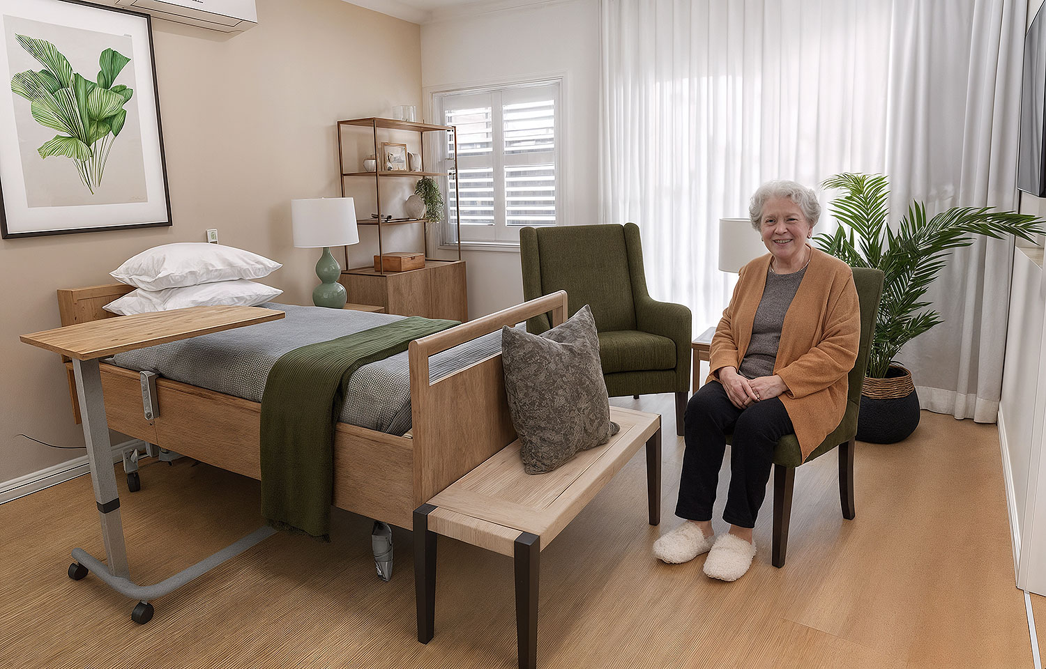 Elderly woman sitting in aged care bedroom