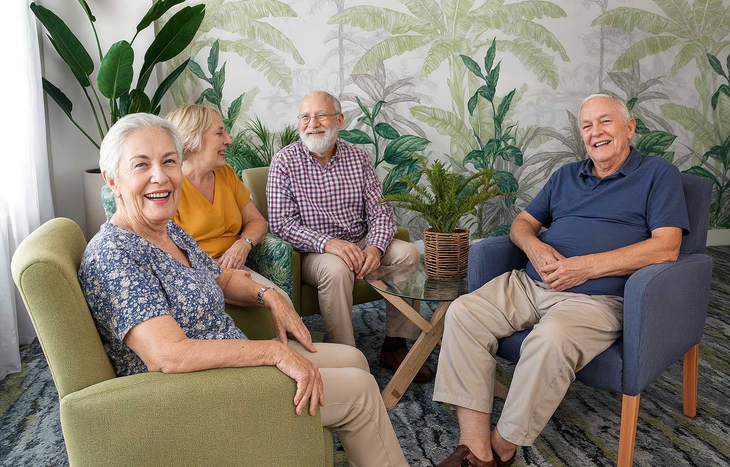 Happy aged care residents in biophilic designed furniture