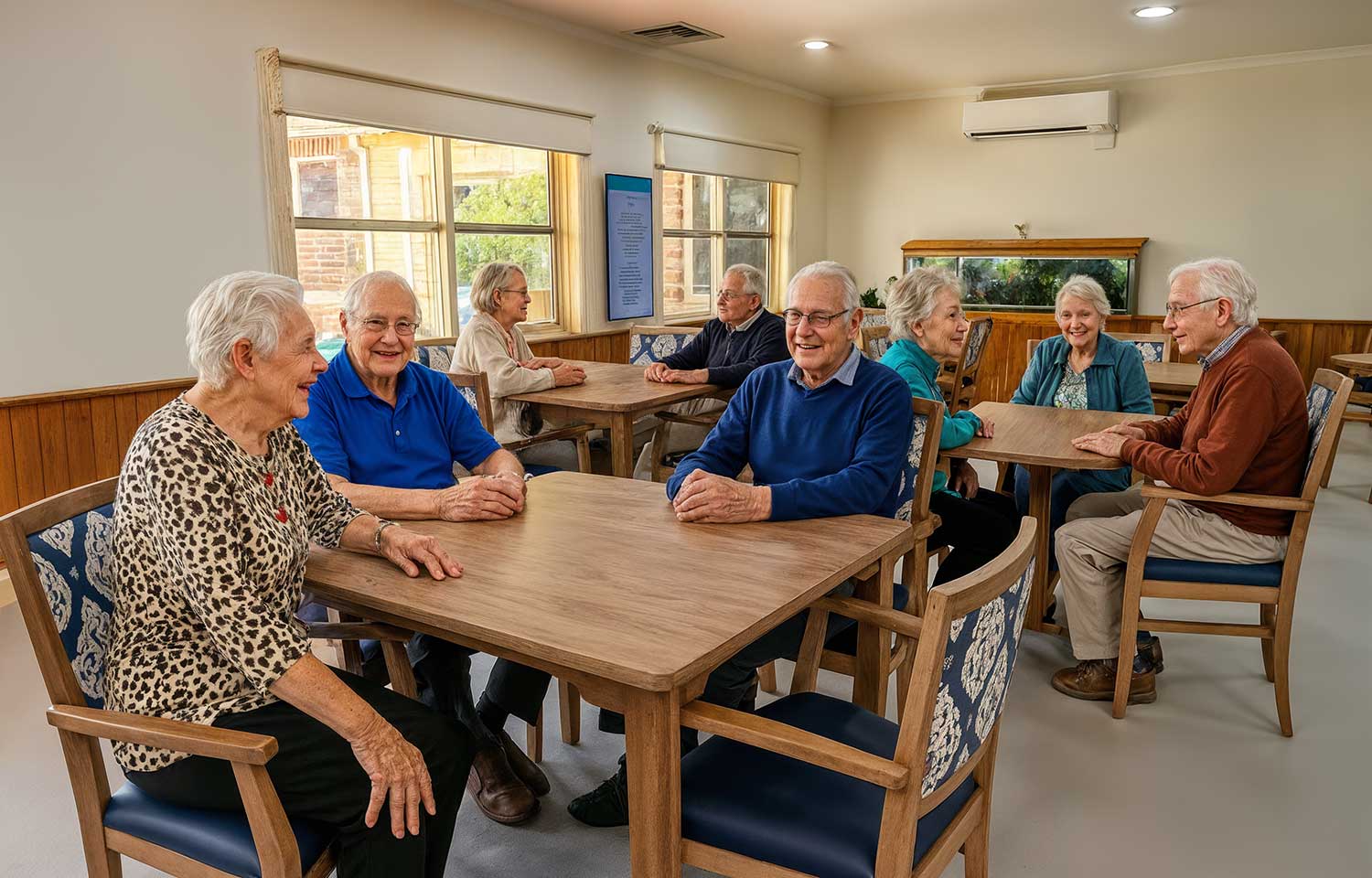 Happy elderly people in aged care dining room