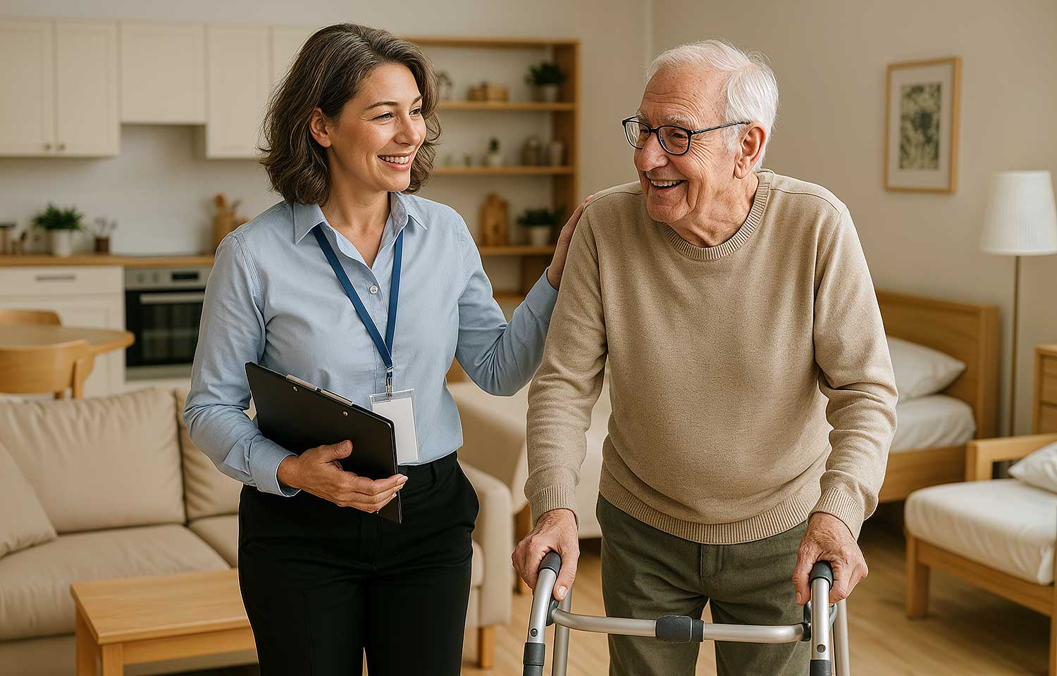 Elderly resident with aged care facility manager