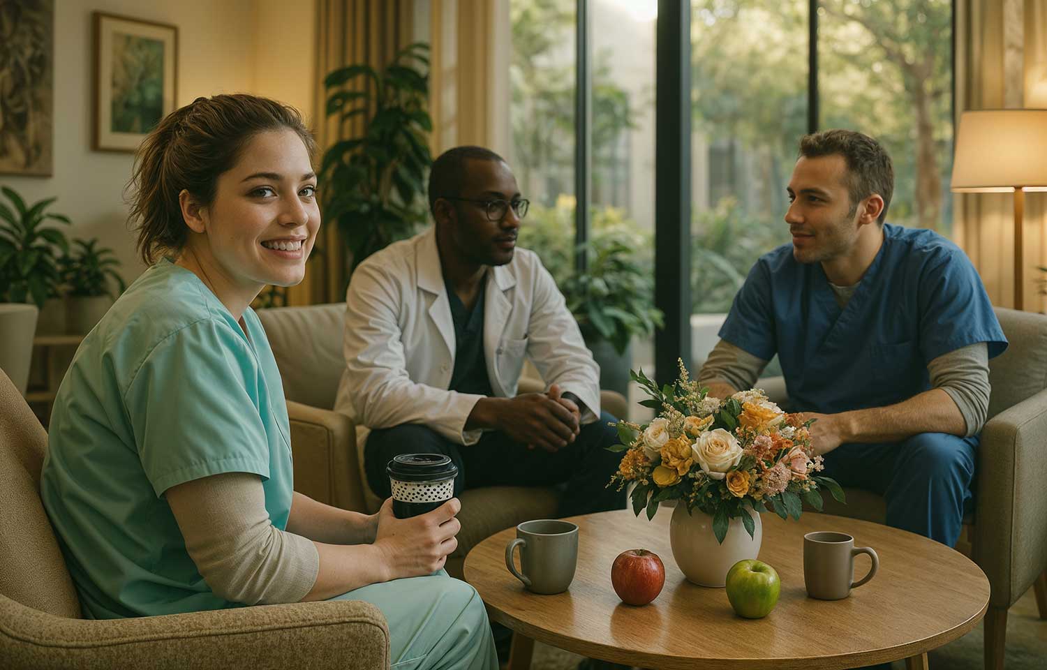 Happy healthcare staff relaxing in their staff room