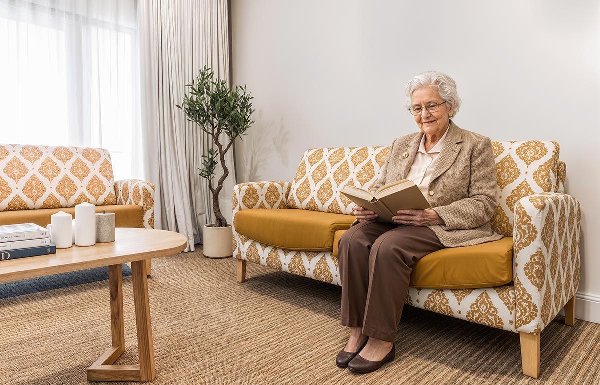 Elderly woman enjoying aged care sofa