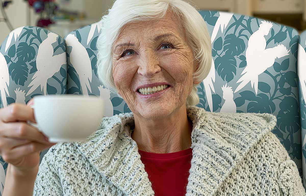 Happy elderly woman sitting in aged care chair